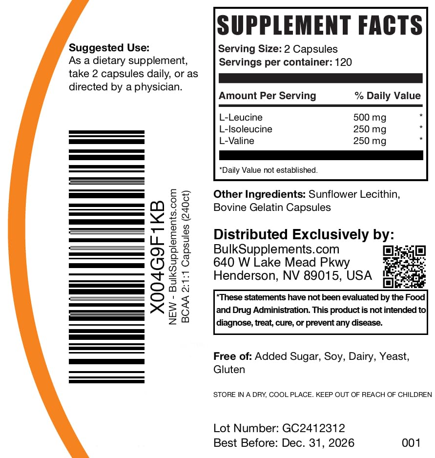 BulkSupplements BCAA 2:1:1 Capsules, 240 Capsules