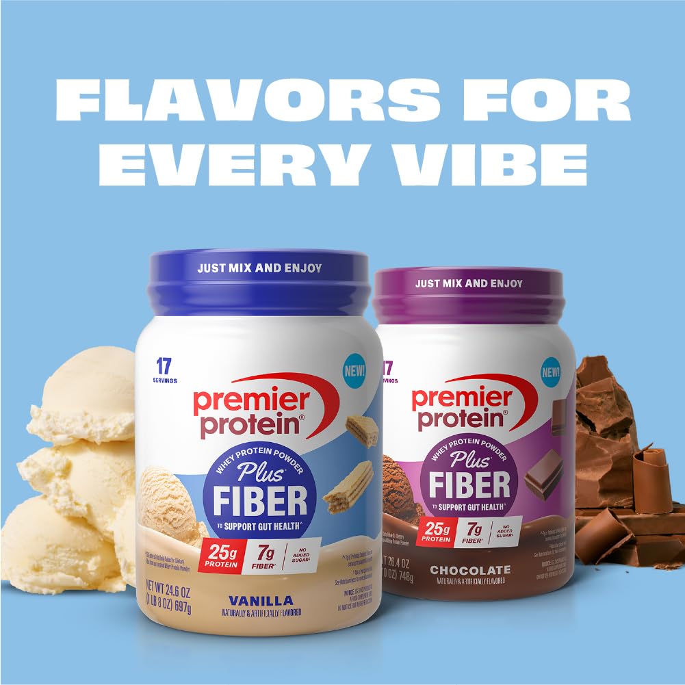 Premier Protein Powder Plus Fiber Vanilla 25g Protein, 7g Fiber, No Added Sugar, 24.6 oz