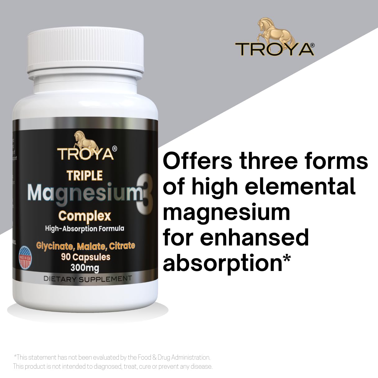 TROYA Triple-Complex Magnesium Capsule 300mg with Glycinate, Citrate & Malate – 90 Capsules
