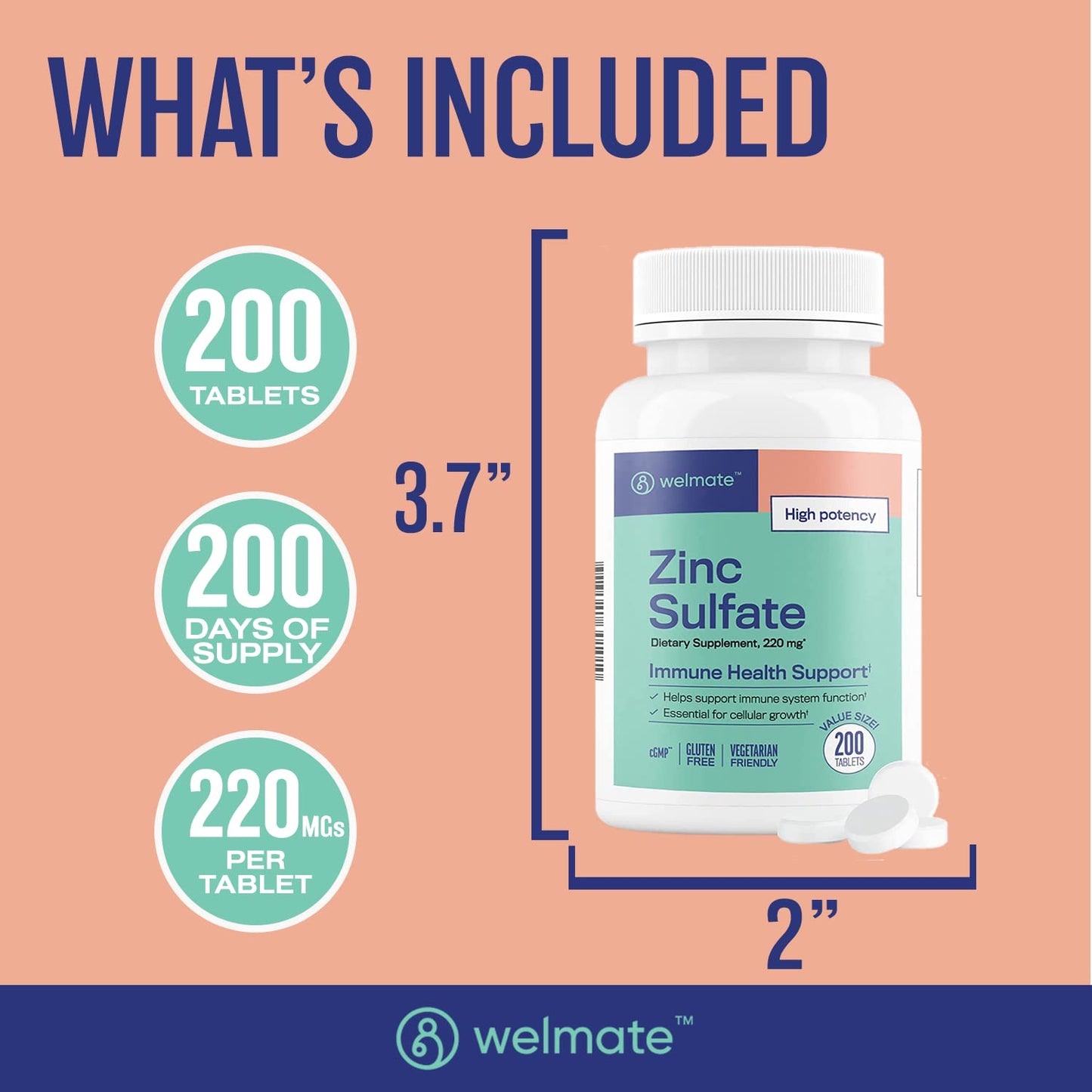 WELMATE Zinc Sulfate 220 mg (50 mg Elemental Zinc) High Potency Tablets, 200 Count