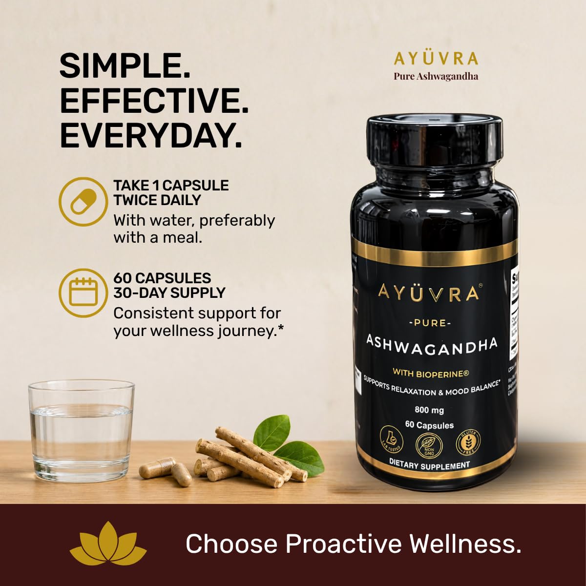 AYÜVRA Ashwagandha Capsules with BioPerine 600mg Root Extract, Stress Support, 60 Capsules