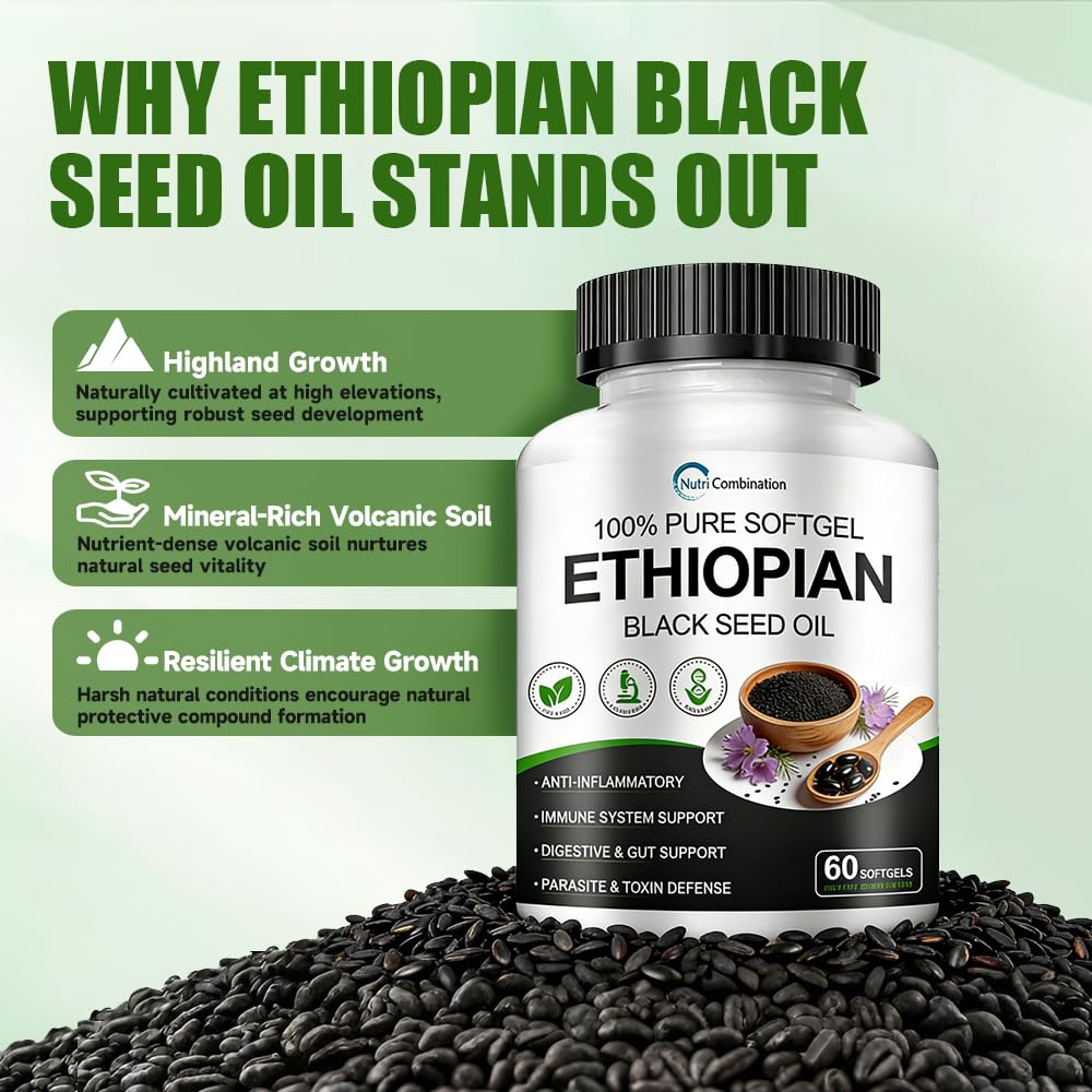 nsseelo Ethiopian Black Seed Oil Capsules with 4.64% Thymoquinone, Immune Support & Digestion & Energy Booster, Gluten-Free, Non-GMO, 60 Capsules
