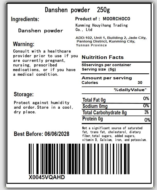 MOORCHOCO Danshen Salvia Miltiorrhiza Powder, 8.81 oz