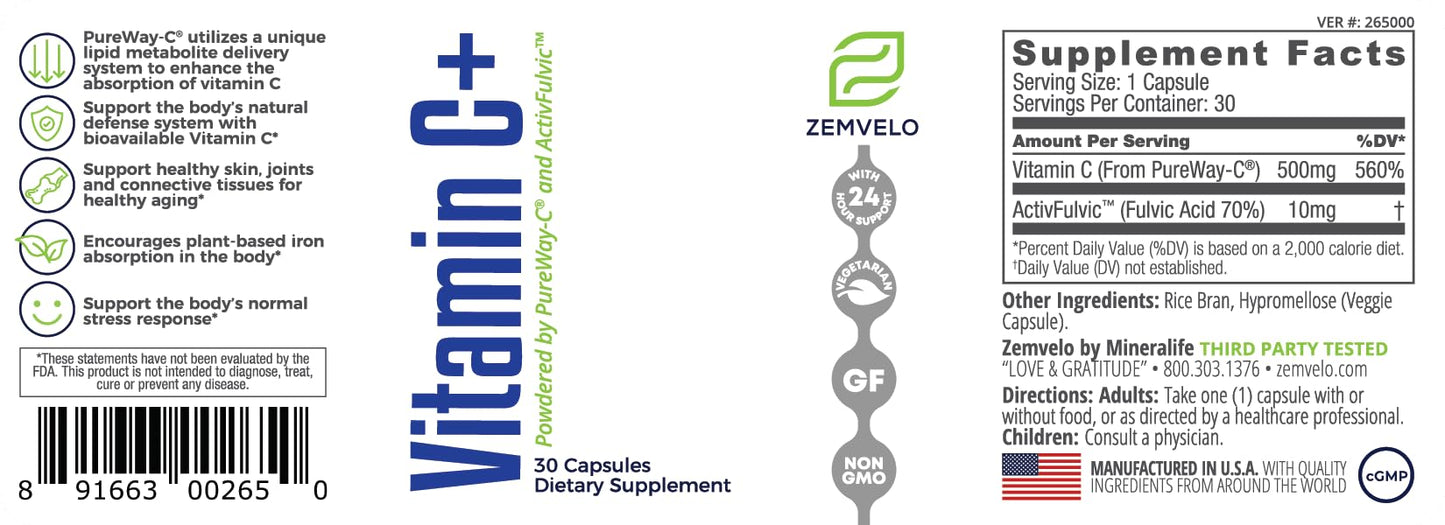 Zemvelo Vitamin C Supplement Capsule 30 Count