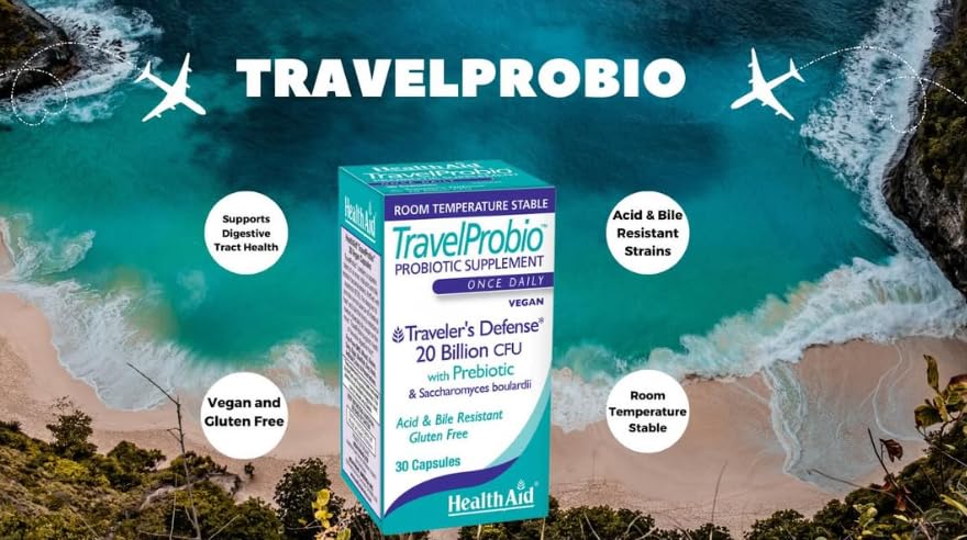 HealthAid TravelProbio 20 Billion CFU Probiotic – Saccharomyces boulardii + Prebiotic (FOS), Acid & Bile-Resistant – Once-Daily Vegan, Gluten-Free, Room-Temp Stable – Travel Digestive Support Capsules, 30