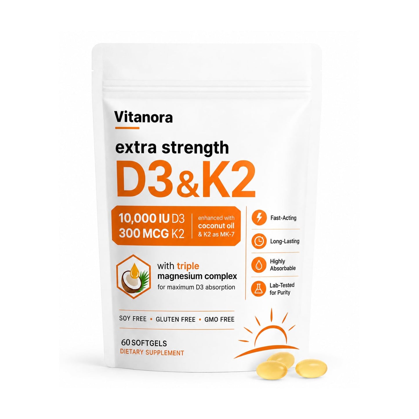 Healthy Flow Vitanora Vitamin D3 and K2 + Magnesium 4-in-1 Formula Softgels 60