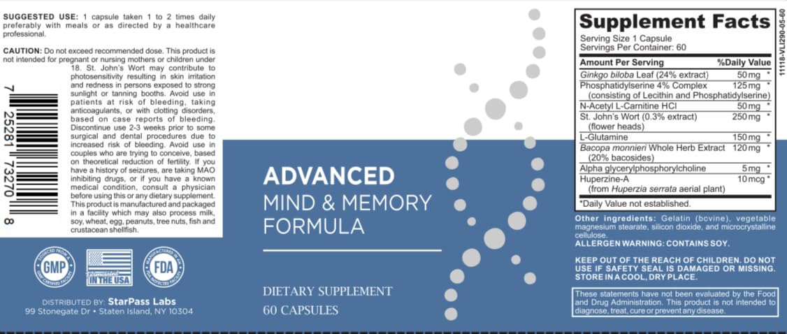 StarPass Labs Advanced Memory Formula Extreme Brain Booster Capsules 180 Count