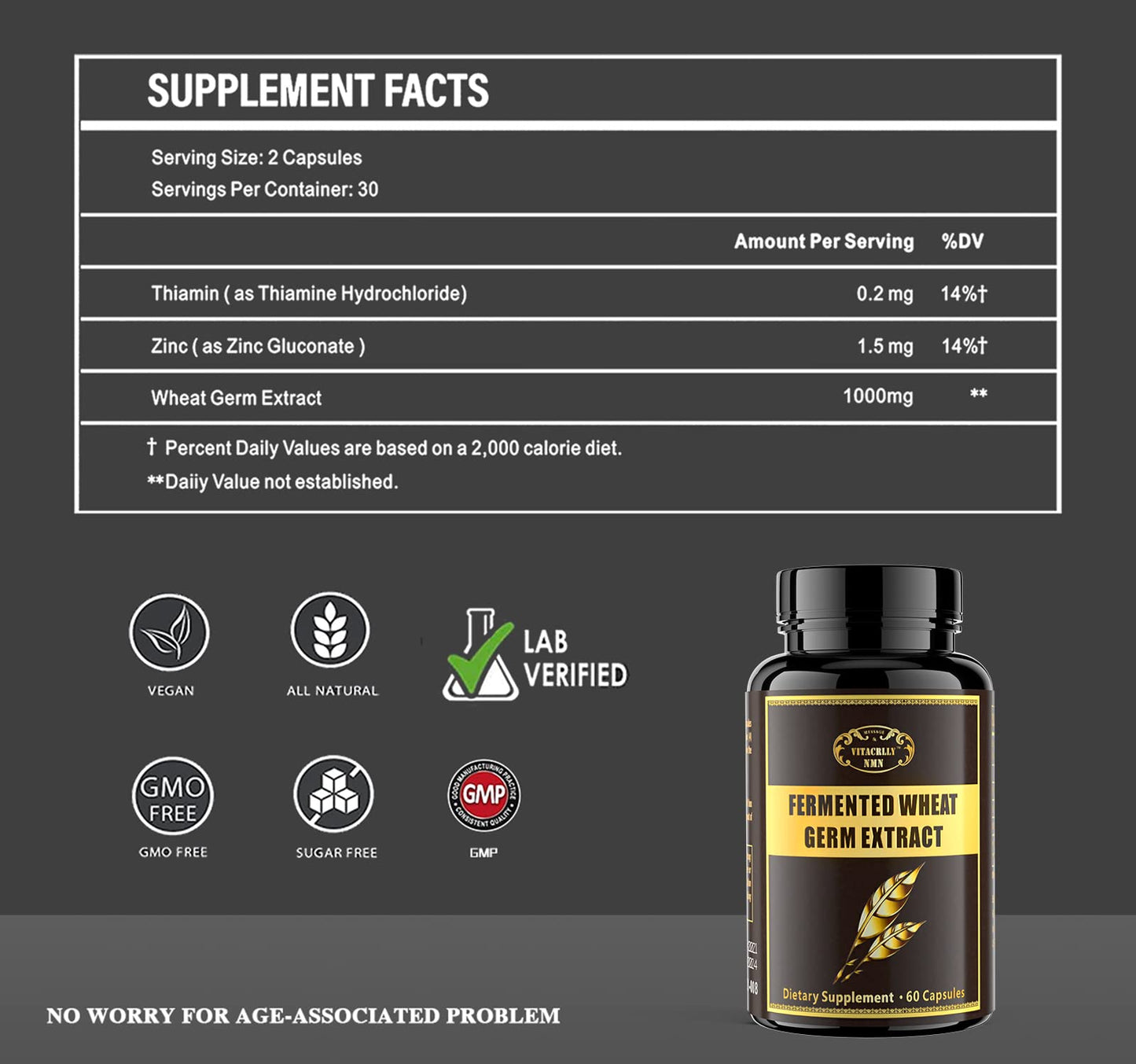 VITACRLLYNMN 1000mg Spermidine Supplements Fermented Wheat Germ Extract with Zinc 60 Capsules