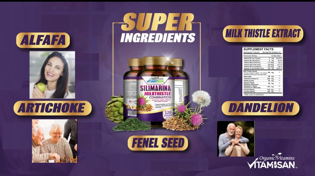 VITAMISAN Milk Thistle Silimarina with Dandelion, Fennel, Licorice, Artichoke & Alfalfa Detox & Cleansing Formula for Liver Support Capsule 120