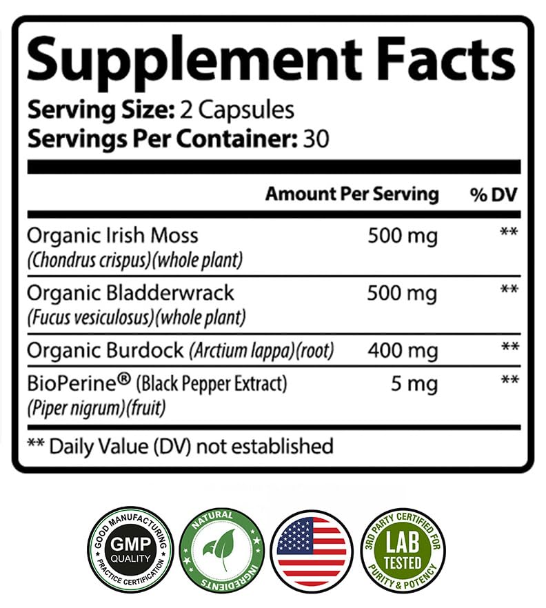 PureNature Plus Sea Moss Complex with Organic Irish Moss, Bladderwrack, Burdock Root, BioPerine, 60 Capsules