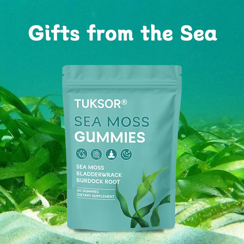 TUKSOR Organic Sea Moss Gummies with Black Seed Oil, Burdock Root, Ashwagandha & Bladderwrack – Herbal Energy, 60 Gummies