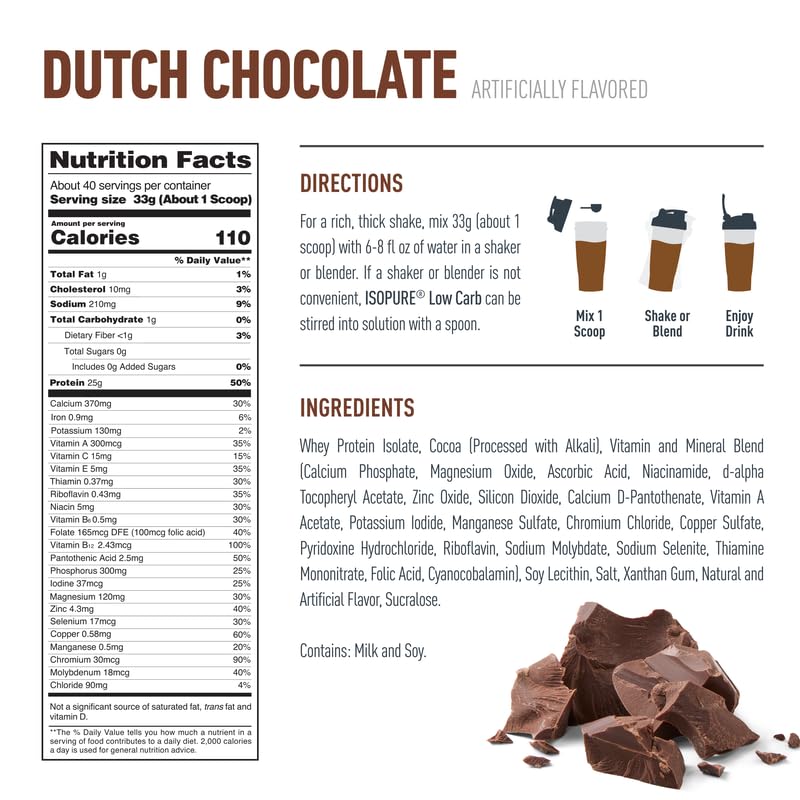 Isopure Low Carb 100% Pure Whey Isolate Protein Powder Dutch Chocolate, 48 Servings