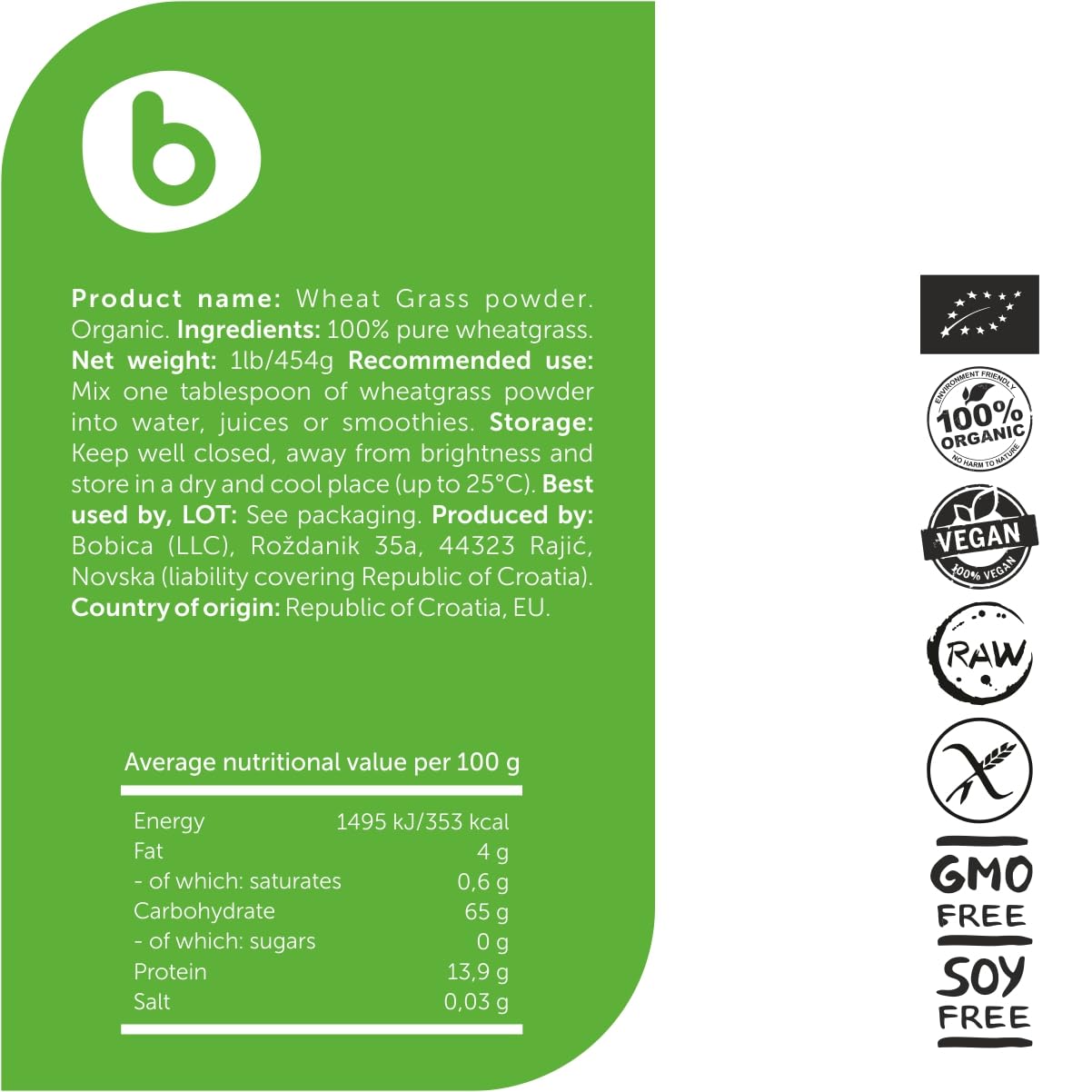 b Organic Wheatgrass Powder 1 Count