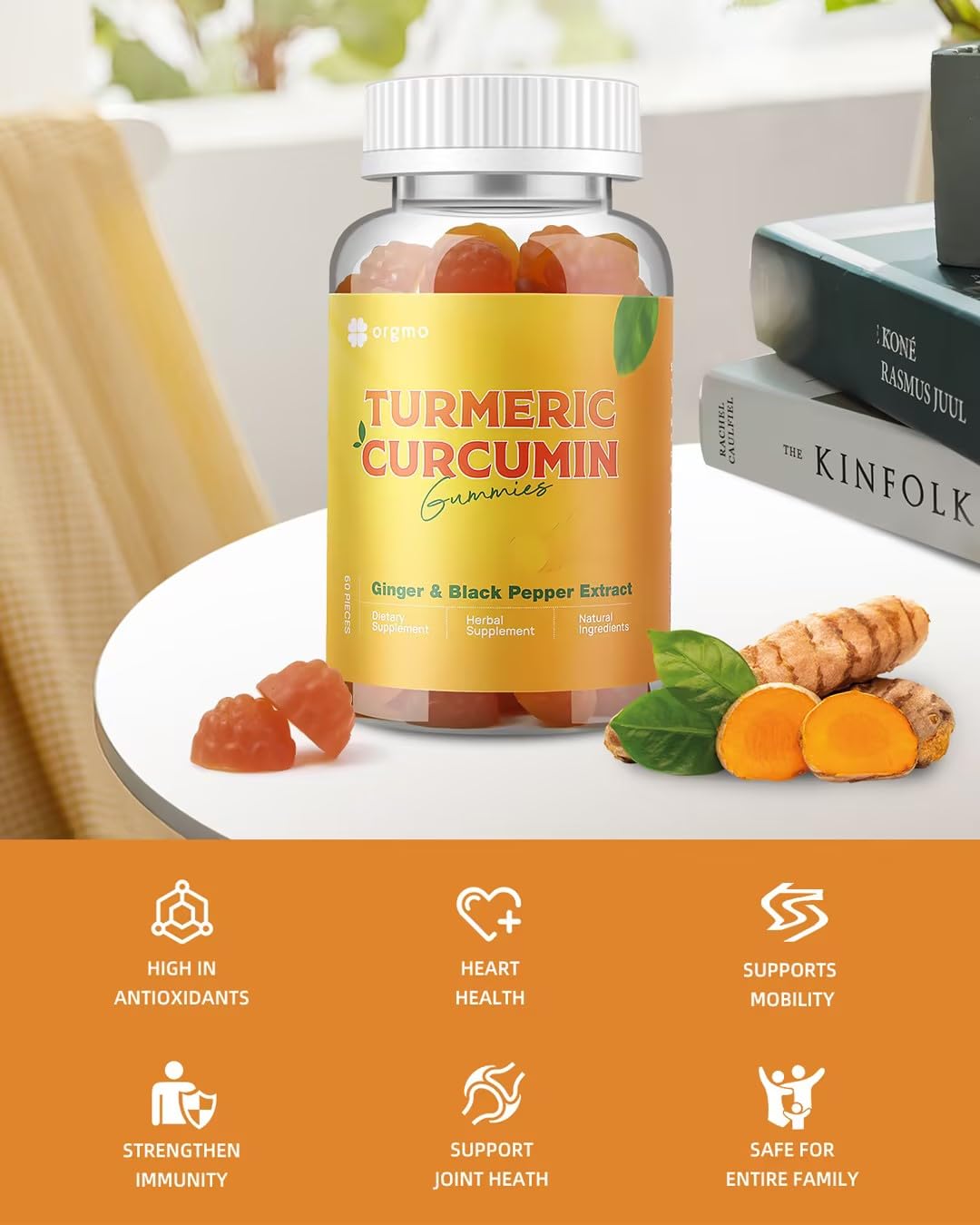 ORGMO Turmeric Gummies with Black Pepper and Ginger for Immune Support, Sugar Free Curcumin Gummies, 60 Count