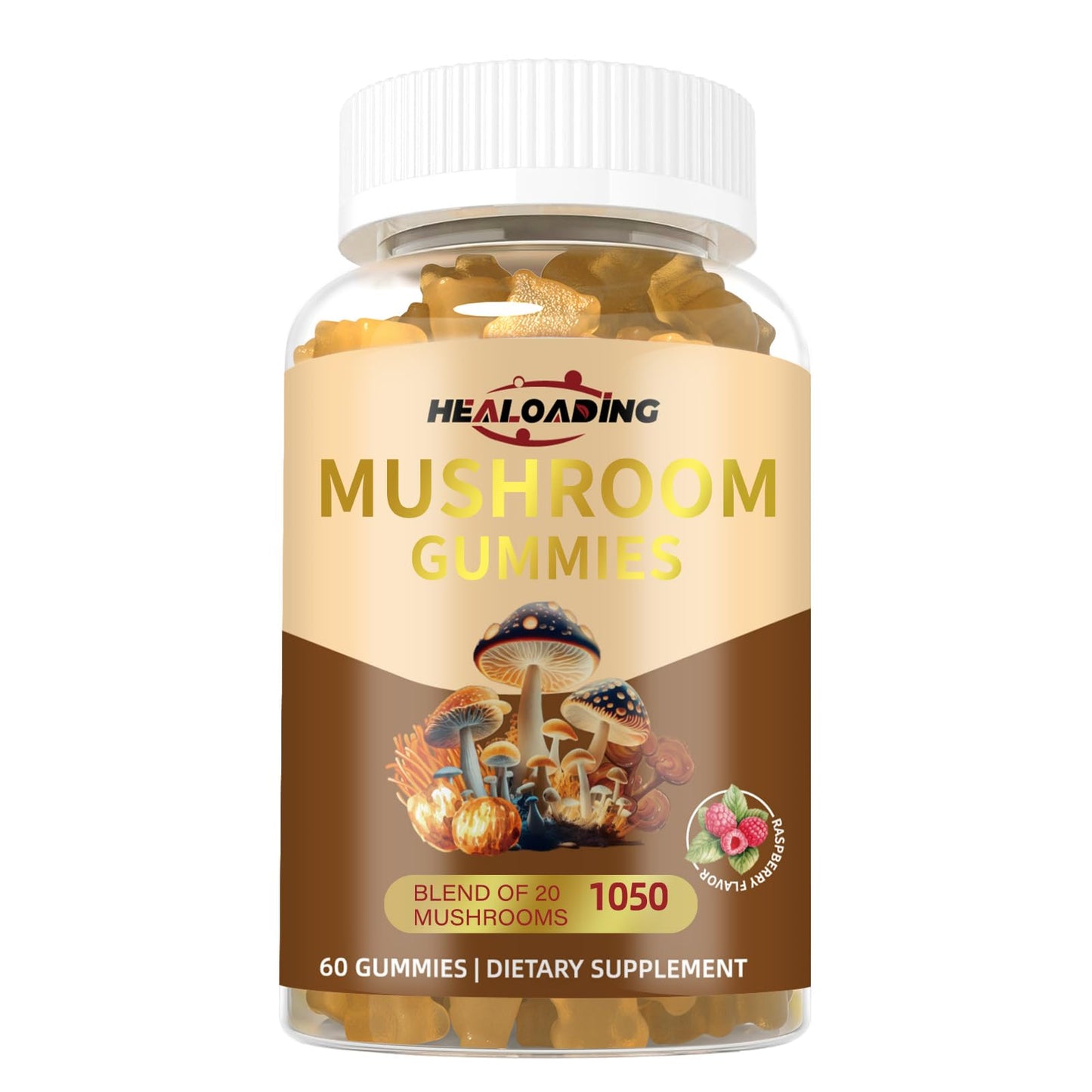 HEALOADING Mushroom Gummies with Lion's Mane & Cordyceps - Immune Support, Brain Health & Memory Enhancement - Vegan Mushroom Complex with Vitamin D3, B6, B9 & B12 - Focus, Energy & Cognitive Function Supplement, 60 Gummies