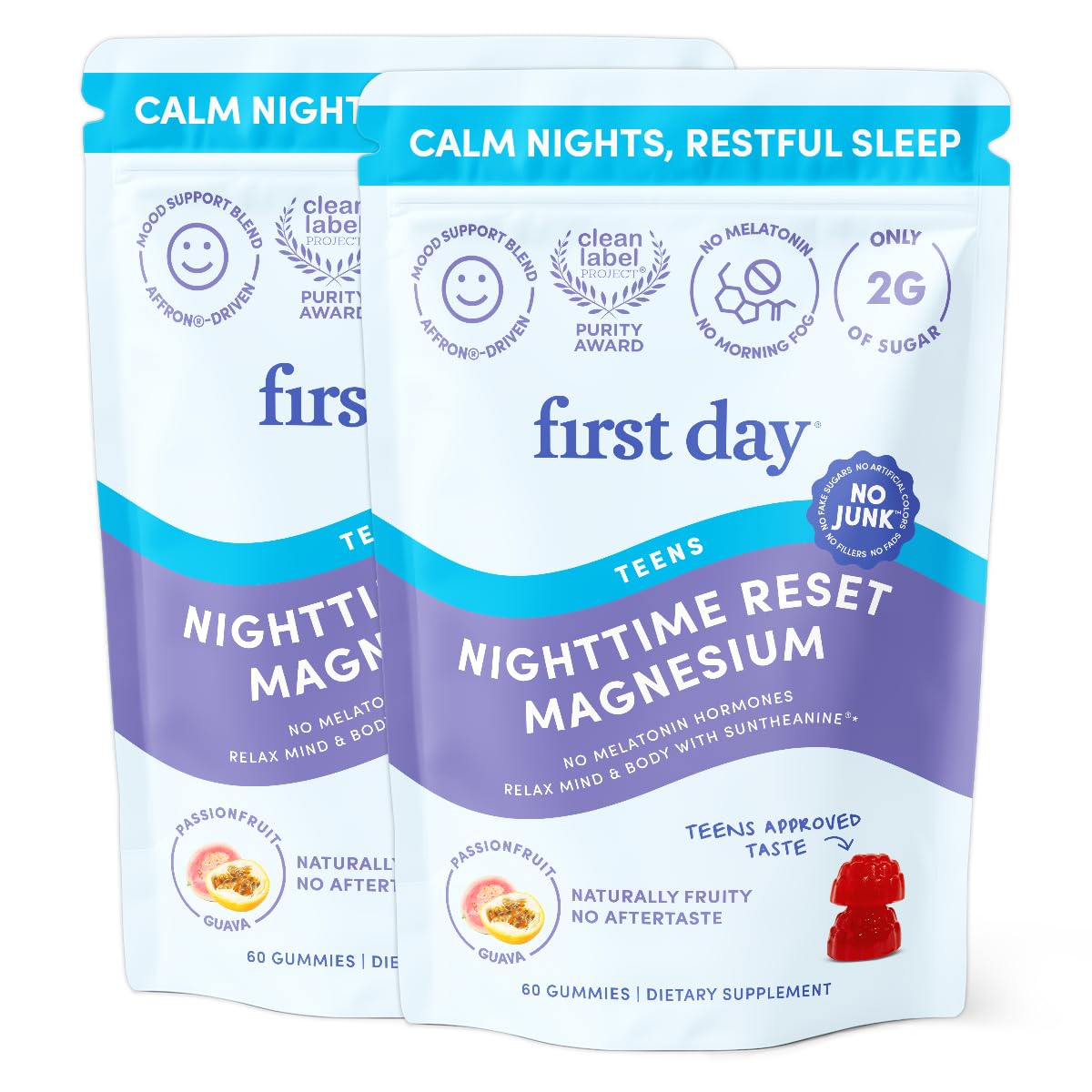 First Day Teens’ Nighttime Reset Calming Magnesium Gummies – Sleep Aid Supports Peaceful Rest, Balanced Mood & Energy – Supplement with Magnesium Citrate, Affron & No Melatonin – 60-Day Supply