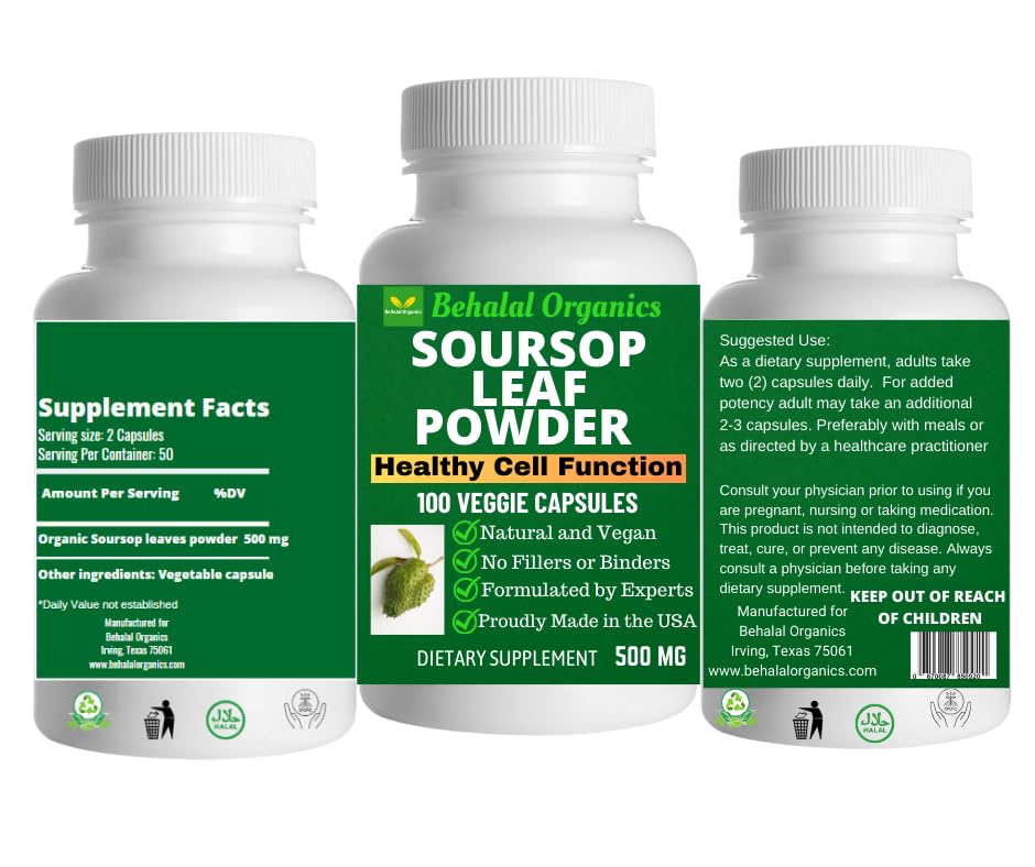 Behalal Organics Soursop Graviola Capsules 500mg, 100 Capsules