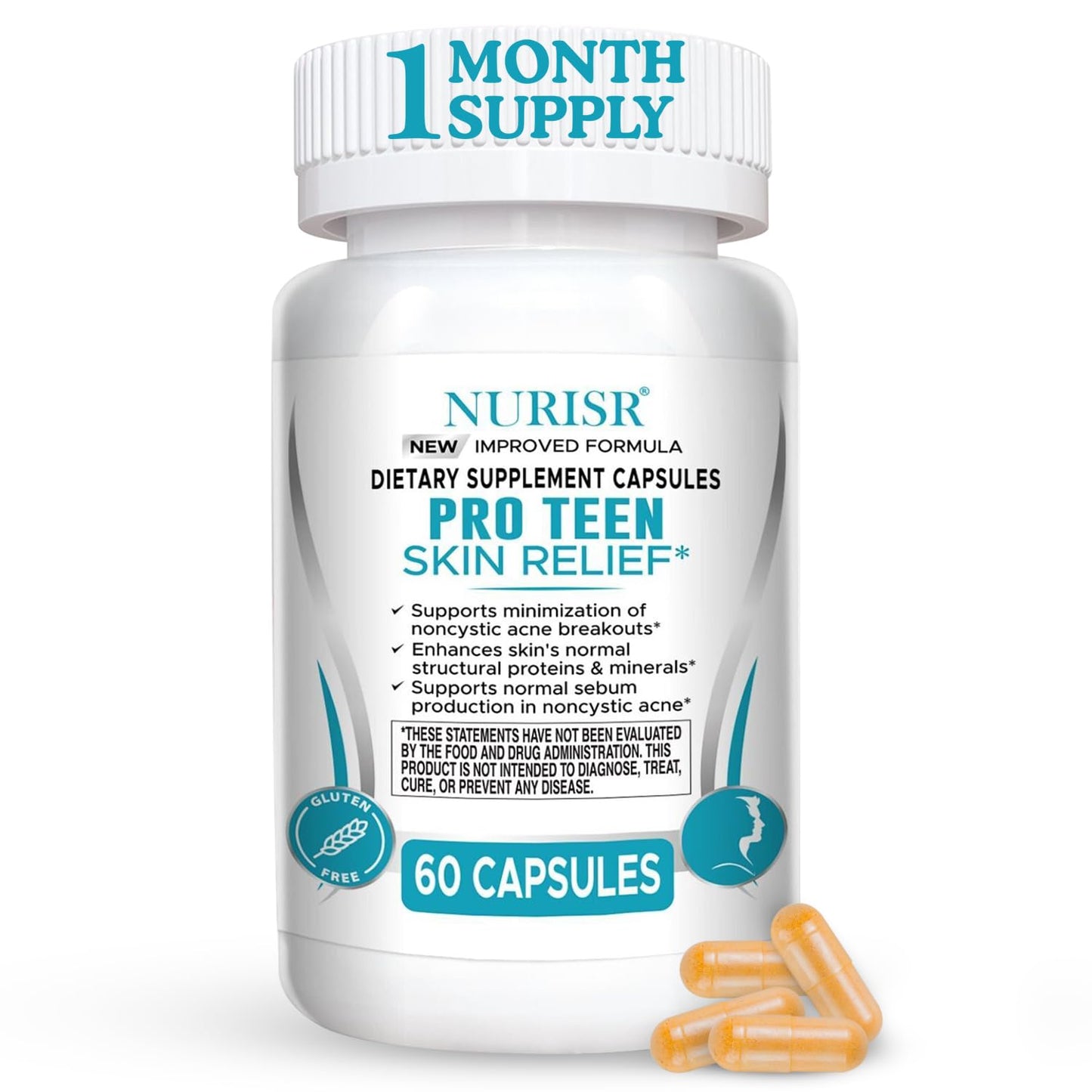 NURISR Acne Supplements for Teenagers with Vitamins A, B, C, E & Biotin for Clear, Radiant Skin, Supports Balanced Oil Production & Healthy Glow, Gluten-Free, 60 Tablets
