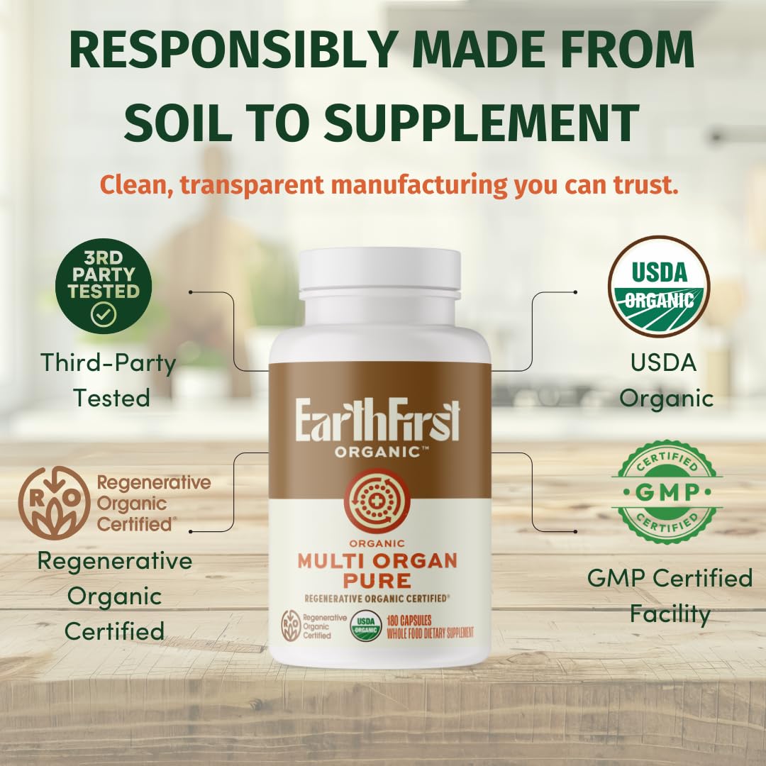 EarthFirst Organic Multi Organ Pure – Regenerative Organic Certified Grass-Fed Organ Blend – Liver, Heart & Kidney for Energy, Detox & Metabolic Support – with AB22 Probiotic 180 Capsules