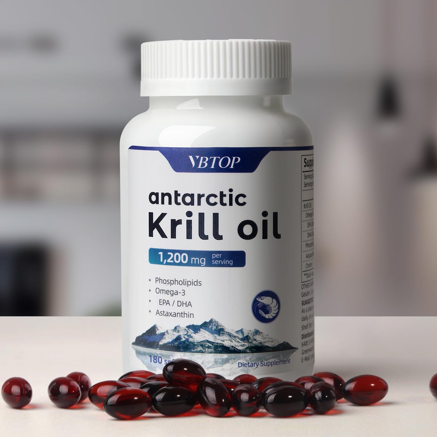VBTOP Antarctic Krill Oil 1200mg with Omega-3 EPA DHA, Phospholipids, Astaxanthin & Choline, Mercury Free, No Fishy, Supports Heart, Brain & Joint Health Softgels 360