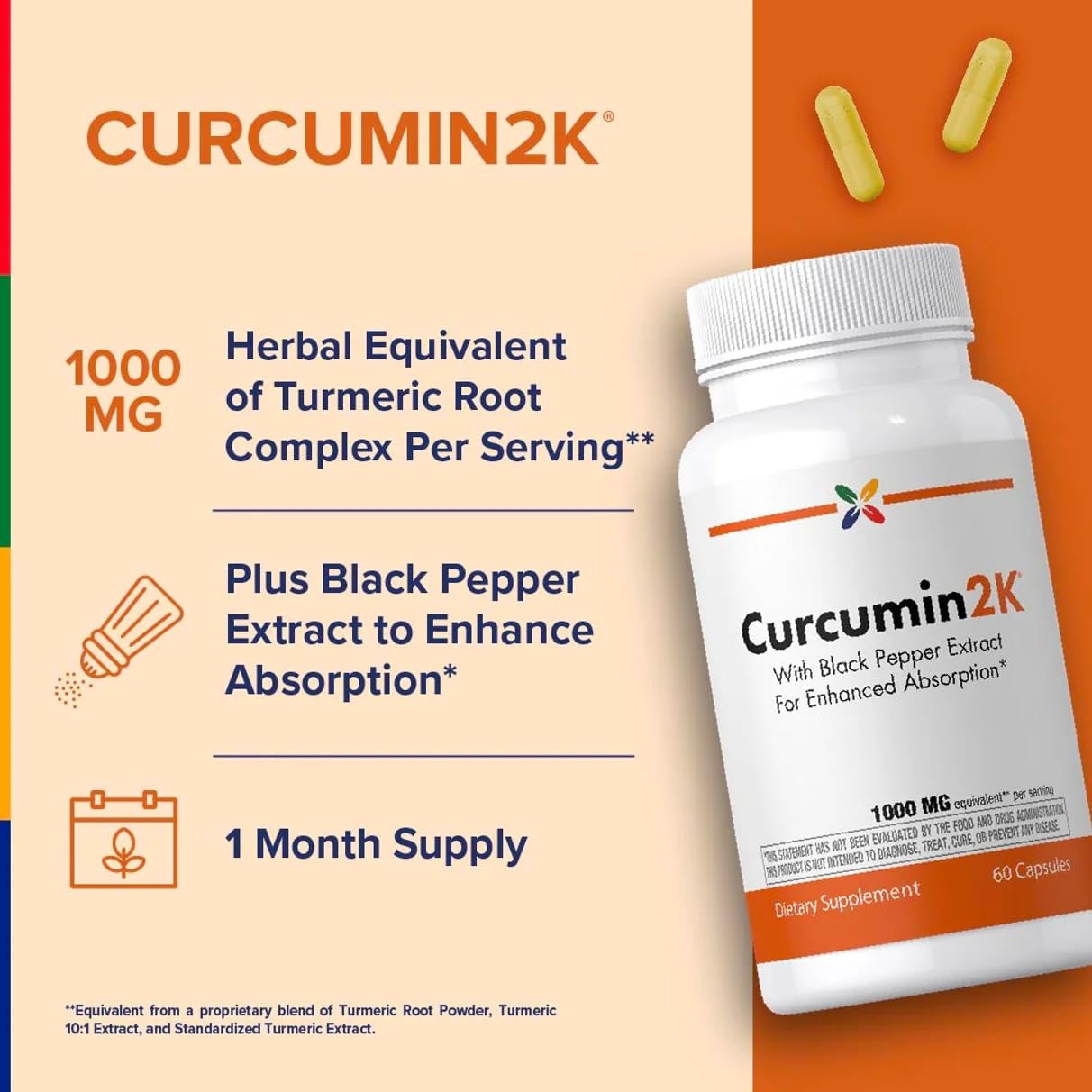 Alexie Inc. Curcumin2K Turmeric Root Complex with Black Pepper Extract 1000mg Capsules, 30 Count