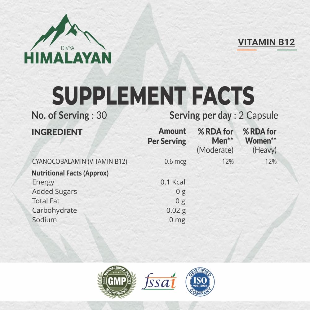 Divya Himalayan Vitamin B12 Methylcobalamin 1000 mcg Capsules, 60 Count