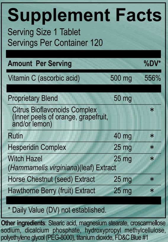 Vasoflex Vitamin C Complex with Citrus Bioflavonoids, Rutin, Hesperidin Complex, Witch Hazel Extract, Horse Chestnut Extract, Hawthorn Berry Leg Vein Supplement Tablets, 120 Count