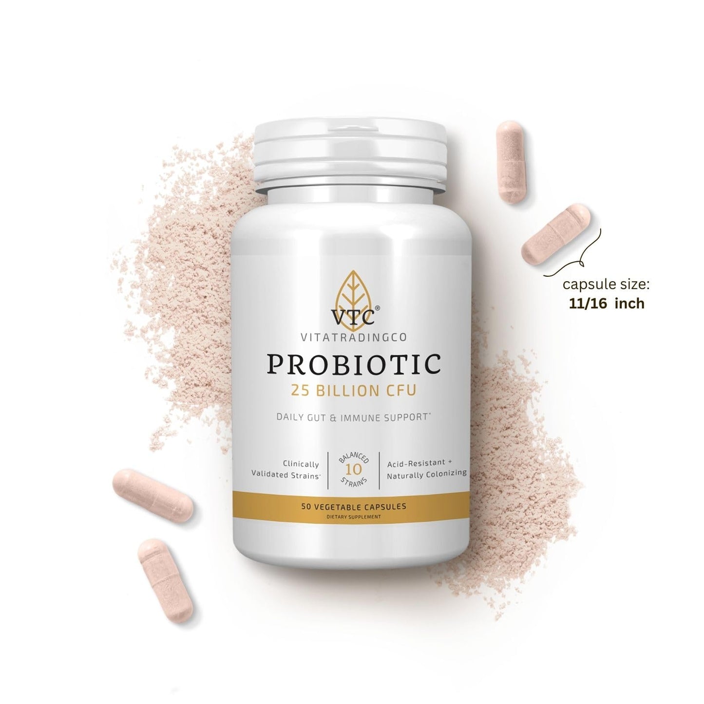 VTC Probiotic 25 Billion CFU, 10 Clinically Validated Strains, Daily Gut, Digestive & Immune Support, 50 Veggie Capsules