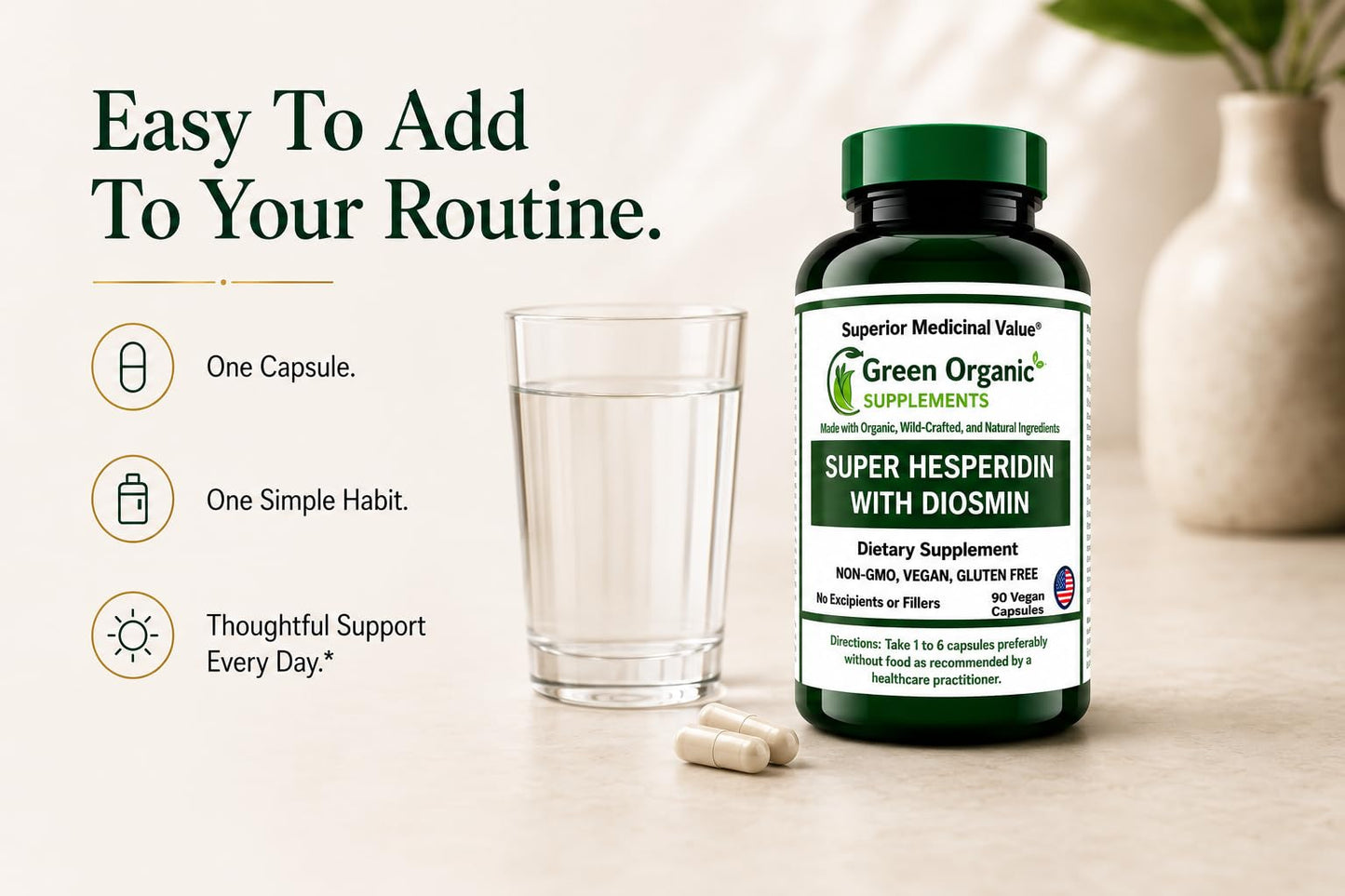 Green Organic Supplements Super Hesperidin with Diosmin, Narangin Capsules, 90 Count