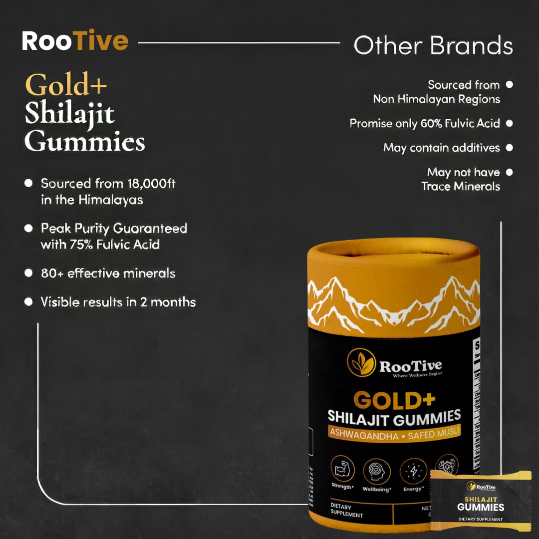 ROOTIVE Shilajit Gummies with Ashwagandha, Safed Musli & Gokshura, 60 Vegan Gummies