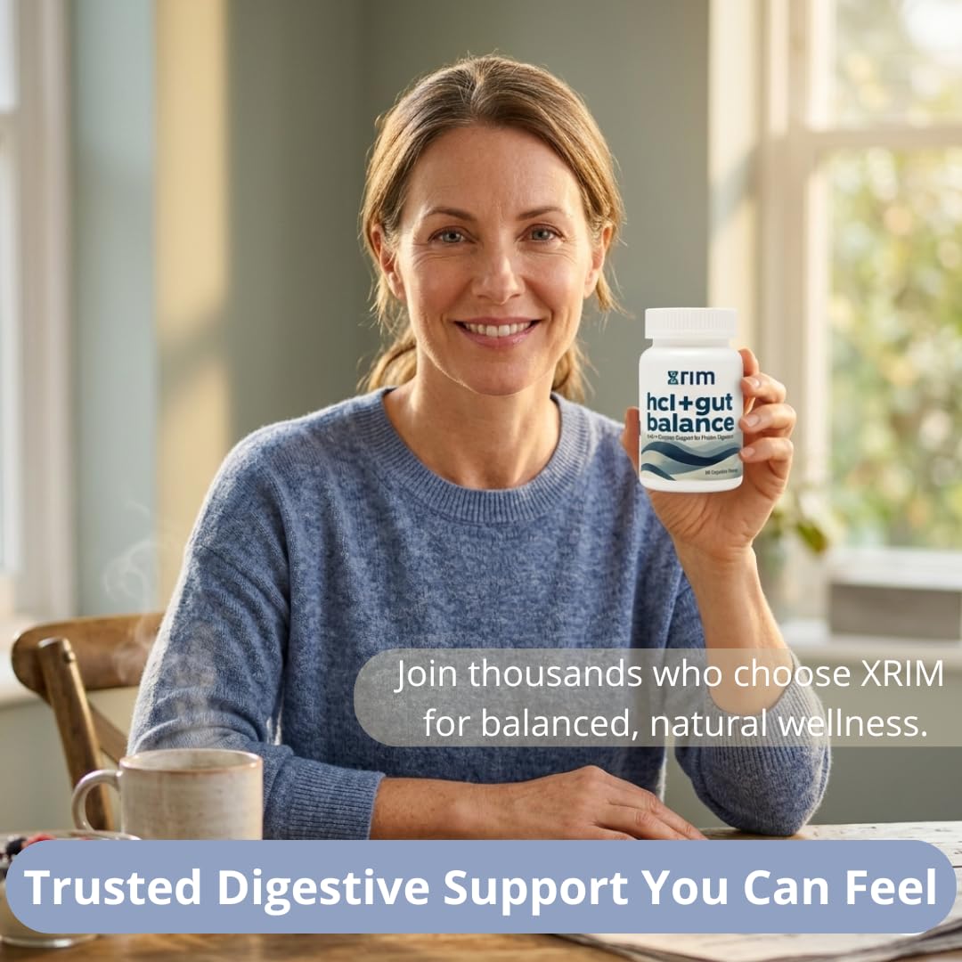 Xrim Betaine HCl + Pepsin Digestive Enzyme Supplement - Advanced Stomach Acid Support for Protein Breakdown & Nutrient Absorption 90 Capsules