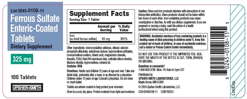 Usher-Smith Ferrous Sulfate 325 mg Enteric-Coated Tablets, 100 Count