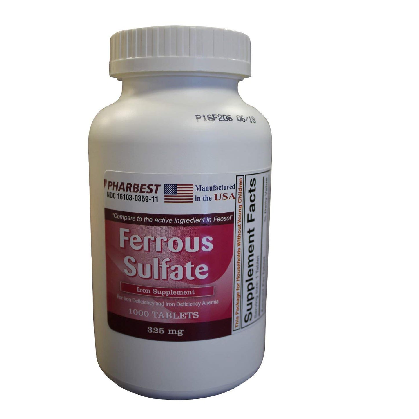 PHARBEST Ferrous Sulfate 325 mg Tablets, 1000 Count