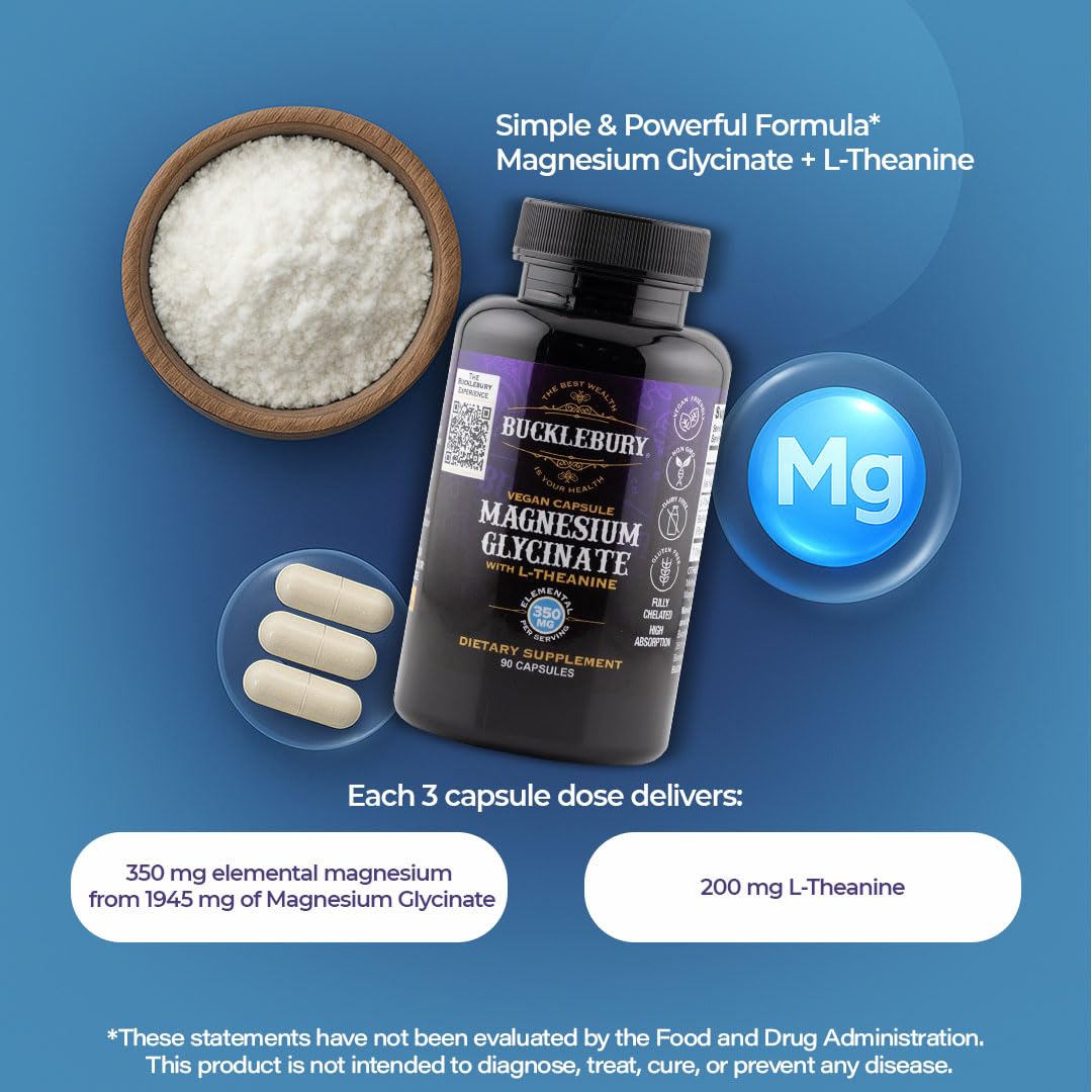 Bucklebury Magnesium Glycinate Capsules with L-Theanine 350mg - Advanced Formula for Stress Relief, Muscle & Bone Health Support - Vegan, 90 Count