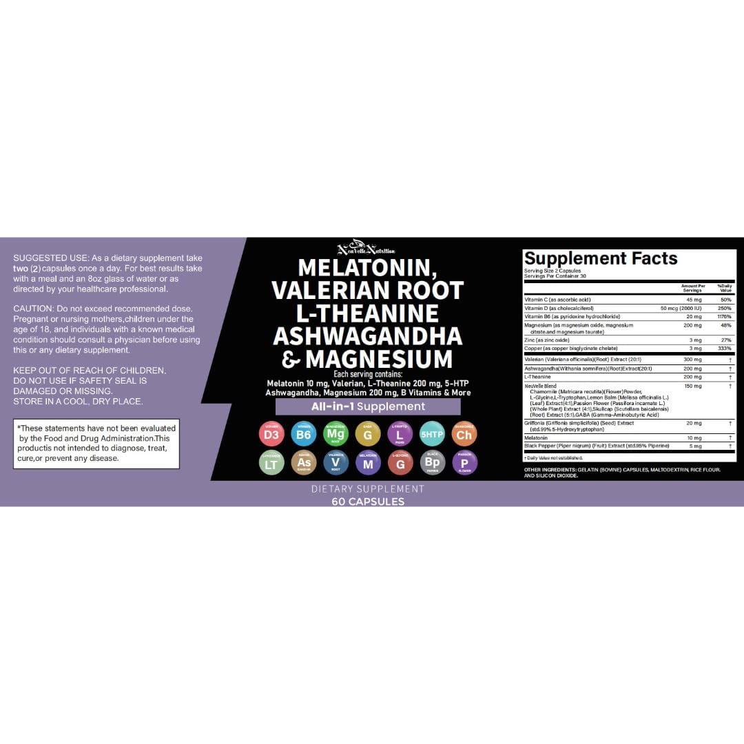 NeuVelleNutrition Melatonin Capsules with Valerian Root, Ashwagandha, L-Theanine, Magnesium, 5-HTP, GABA, Chamomile, Lemon Balm, Passion Flower, Griffonia Extract, Vitamin C & L-Glycine Supplement, 60 Count