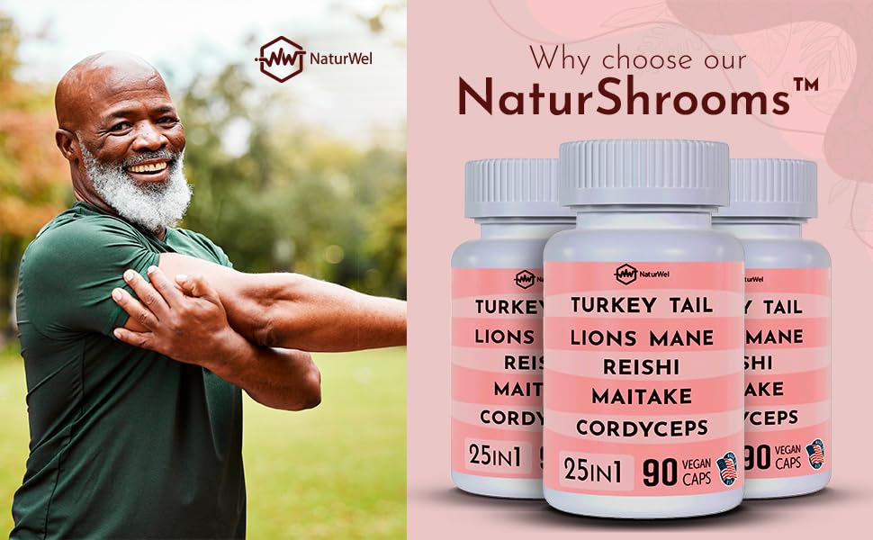 NaturWel Turkey Tail 3000mg Lions Mane 3000mg Reishi 1500mg Mushroom Blend Capsules, 90 Count