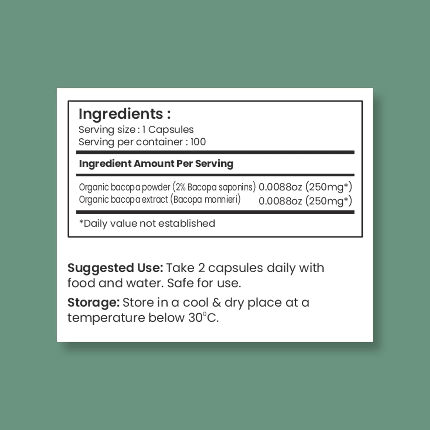 SONA HEALTHCARE Bacopa Capsule 1000mg, 100 Count