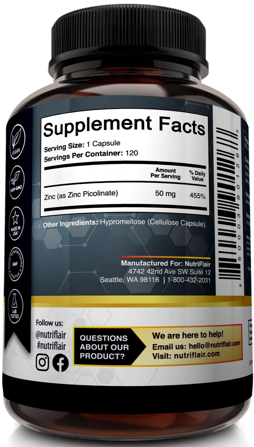NutriFlair Zinc Picolinate 50mg Capsules, 120 Count