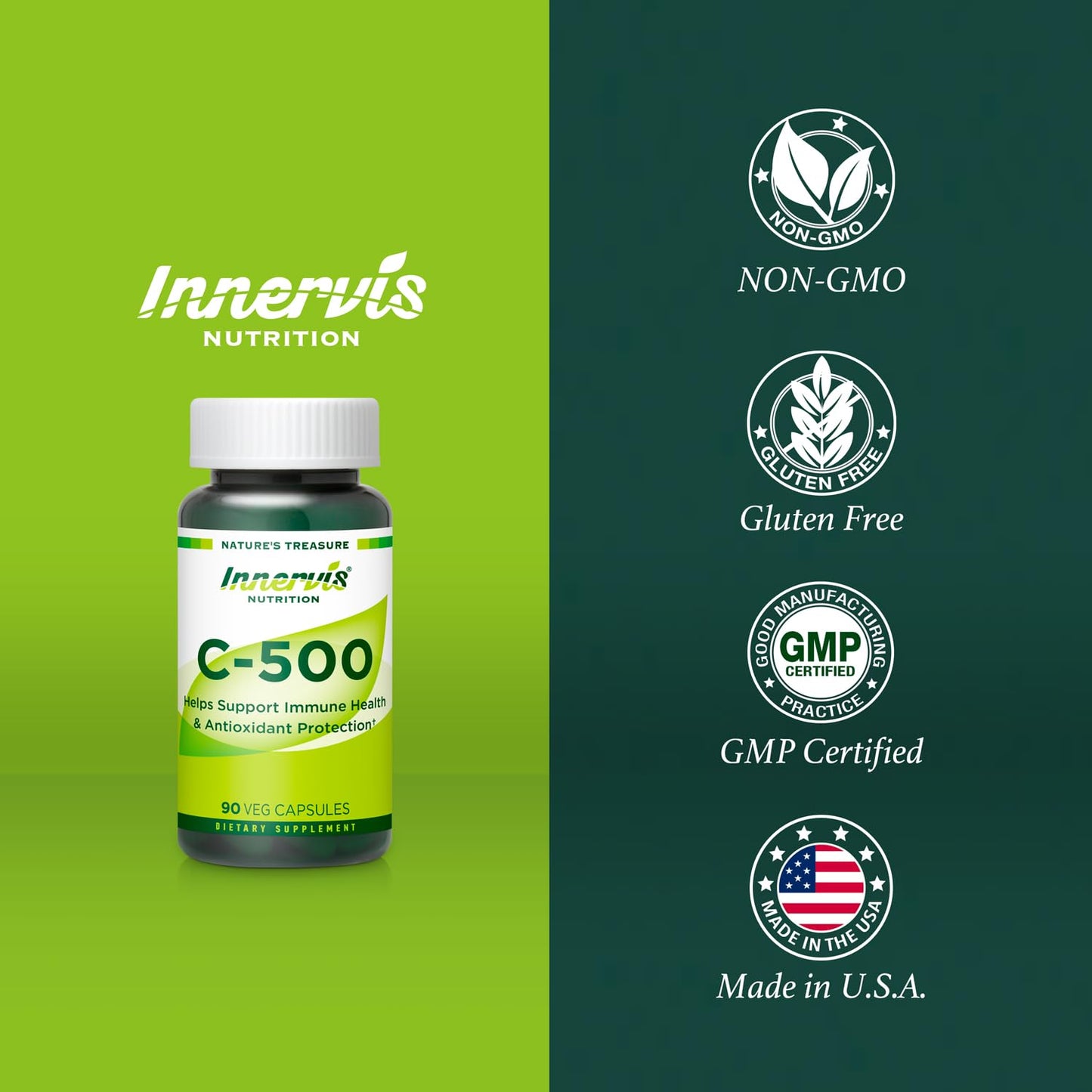 INNERVISNUTRITION C-500 Vitamin C 500mg Capsules 90 Count