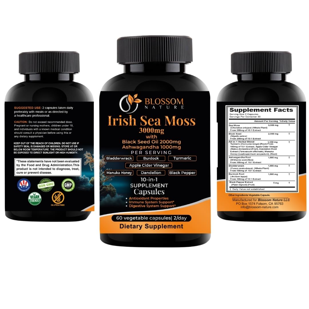 Blossom Nature 10-in-1 Irish Sea Moss 3000mg with Black Seed Oil, Ashwagandha, Bladderwrack, Burdock, Turmeric, Apple Cider Vinegar, Manuka Honey, Dandelion, Black Pepper, 60 Capsules
