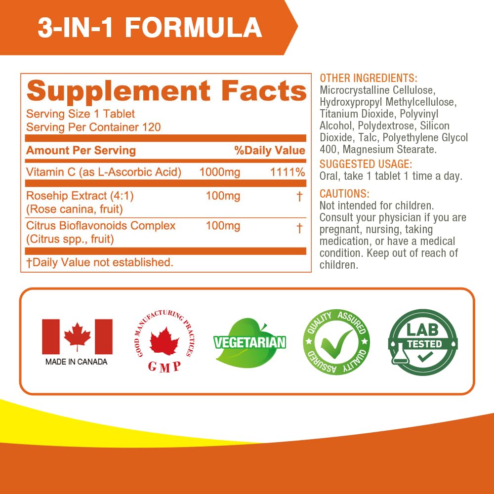 LOVITA Vitamin C 1000mg with Citrus Bioflavonoids & Rosehip, Timed Release Coating, High Potency 3-in-1 Formula, Immune Support, 120 Tablets