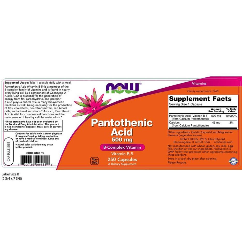 NOW Foods Pantothenic Acid 500 mg Capsule, 250 Count (Pack of 2)