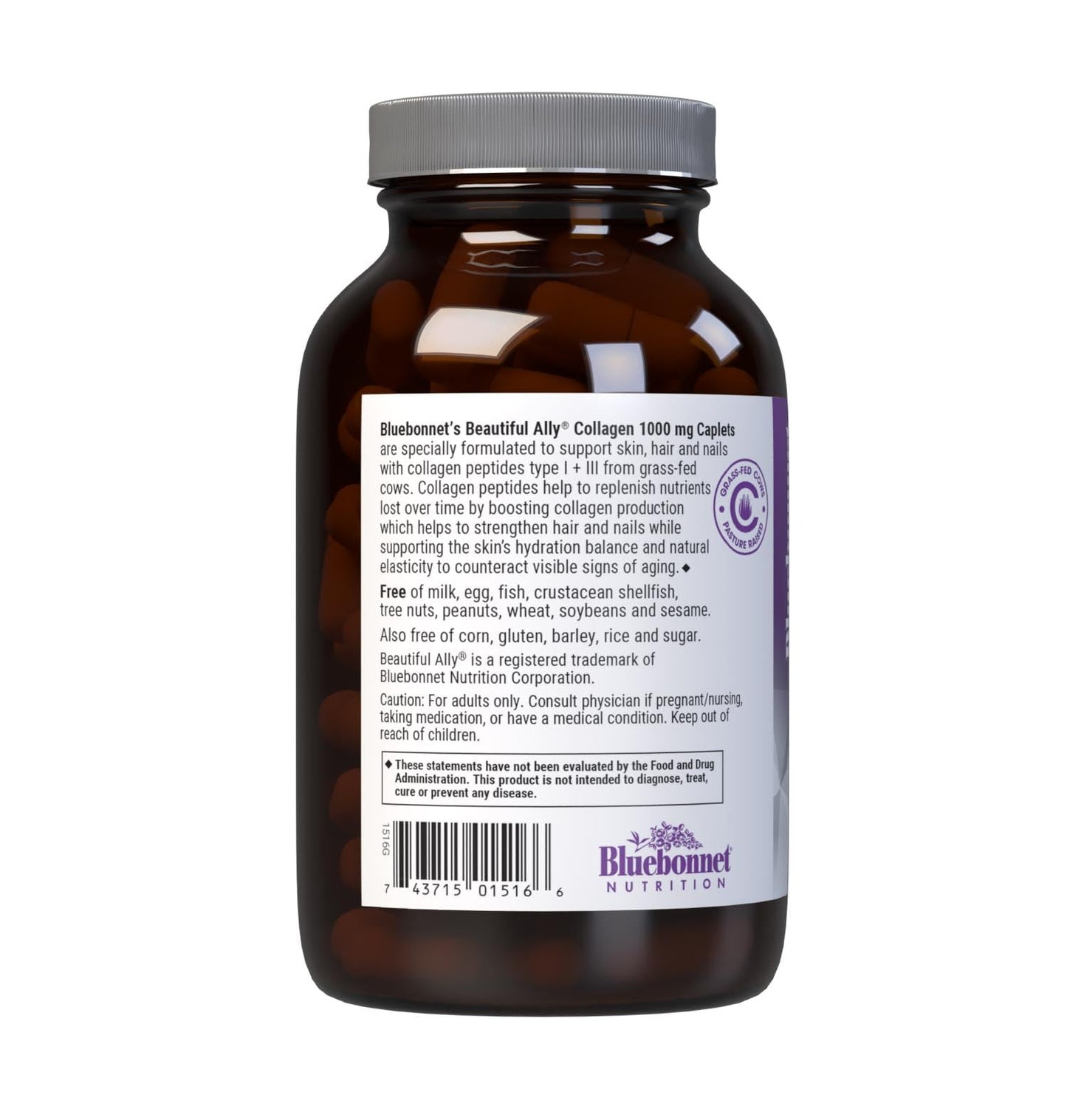 BlueBonnet Beautiful Ally Collagen Caplets, Hydrolyzed Collagen from Grass-Fed Cows, Collagen Peptides Type 1 & 3, Non-GMO, 90 Caplets