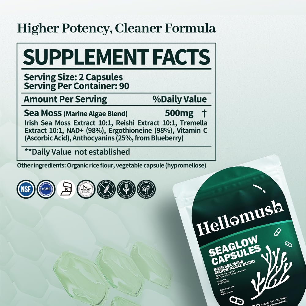 Hellomush Organic Sea Moss Capsules with Reishi & Tremella 10:1 Extract, Immune Support, 180 Capsules