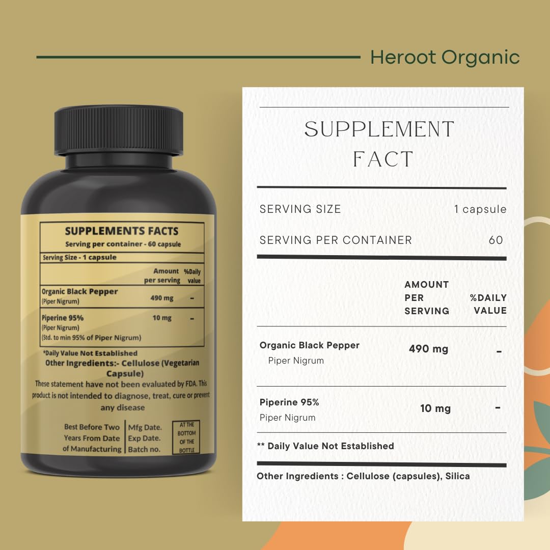 Heroot Piperine 95% (Piper Nigrum) 500 mg Capsule, 120 Capsules