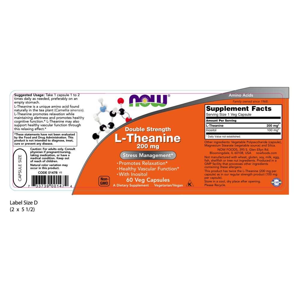 NOW Foods L-Theanine 200 mg Capsules 120 Count