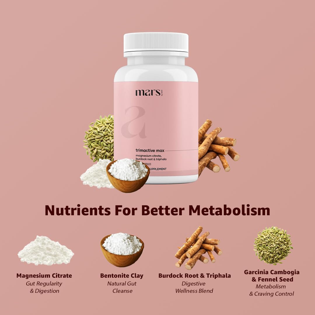 Mars by GHC Waist Trim Capsules with Magnesium Citrate, Triphala & Bentonite Clay, Digestive Wellness, Bloating & Fibre Support Formula, Herbal Supplement, 180 Capsules