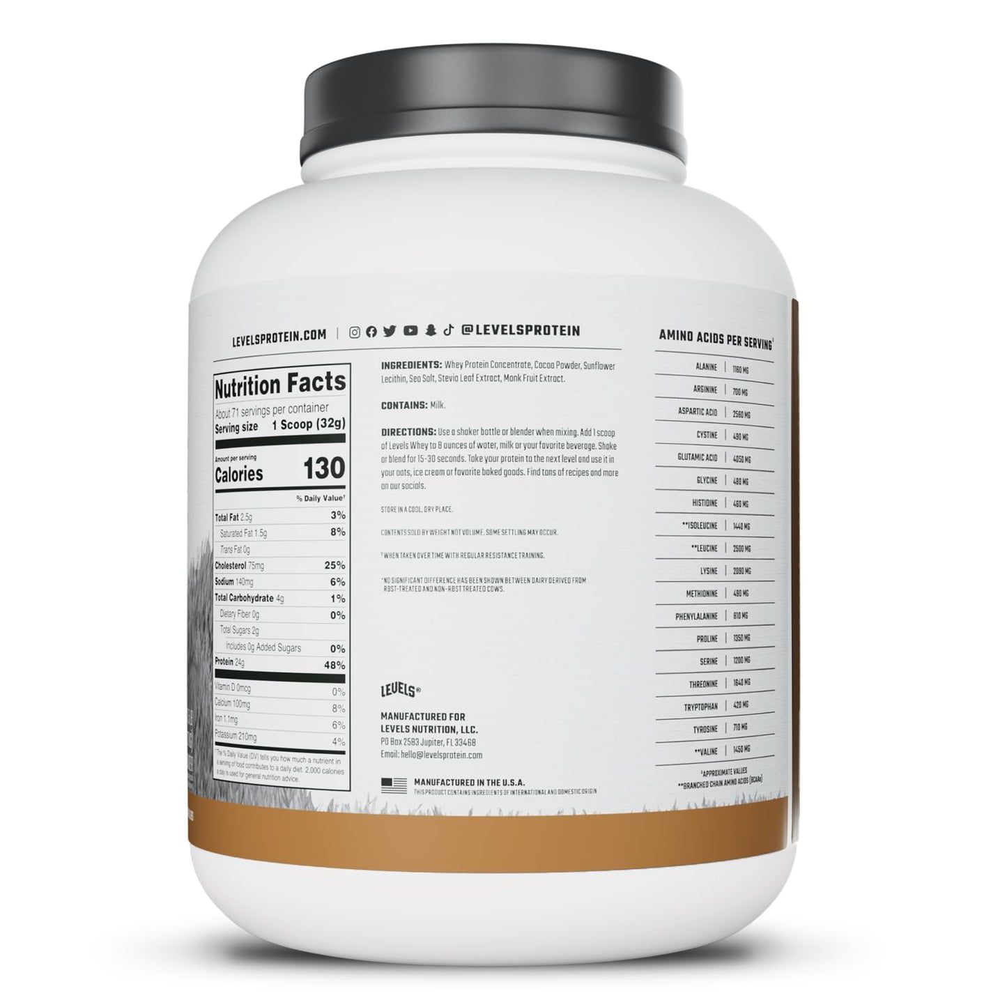 Levels Nutrition Grass Fed Whey Protein Powder Double Chocolate, 80 Servings