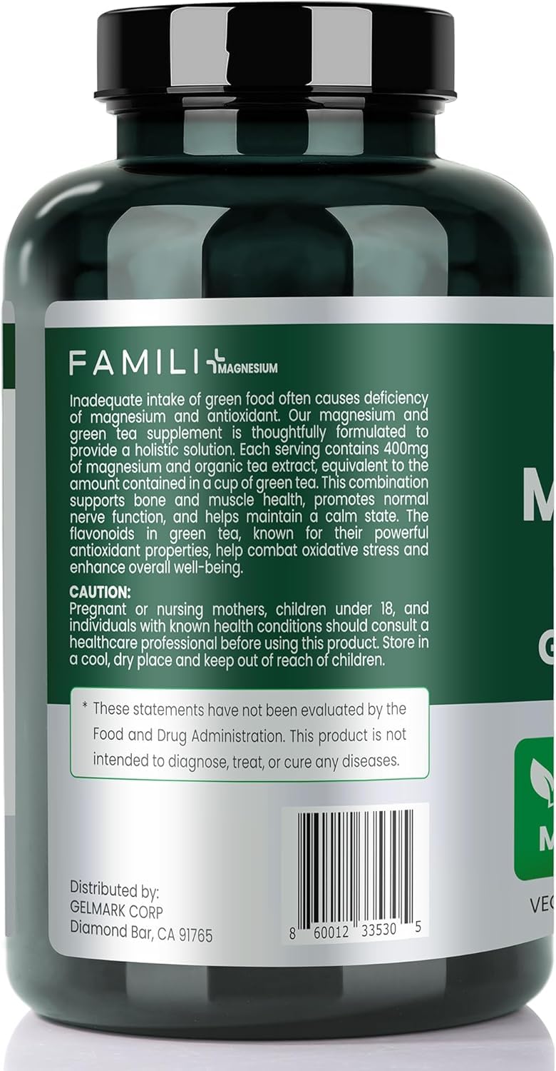 FAMILI+ Magnesium 400mg, Green Tea Supplement & L-Theanine Capsule, 180 Count