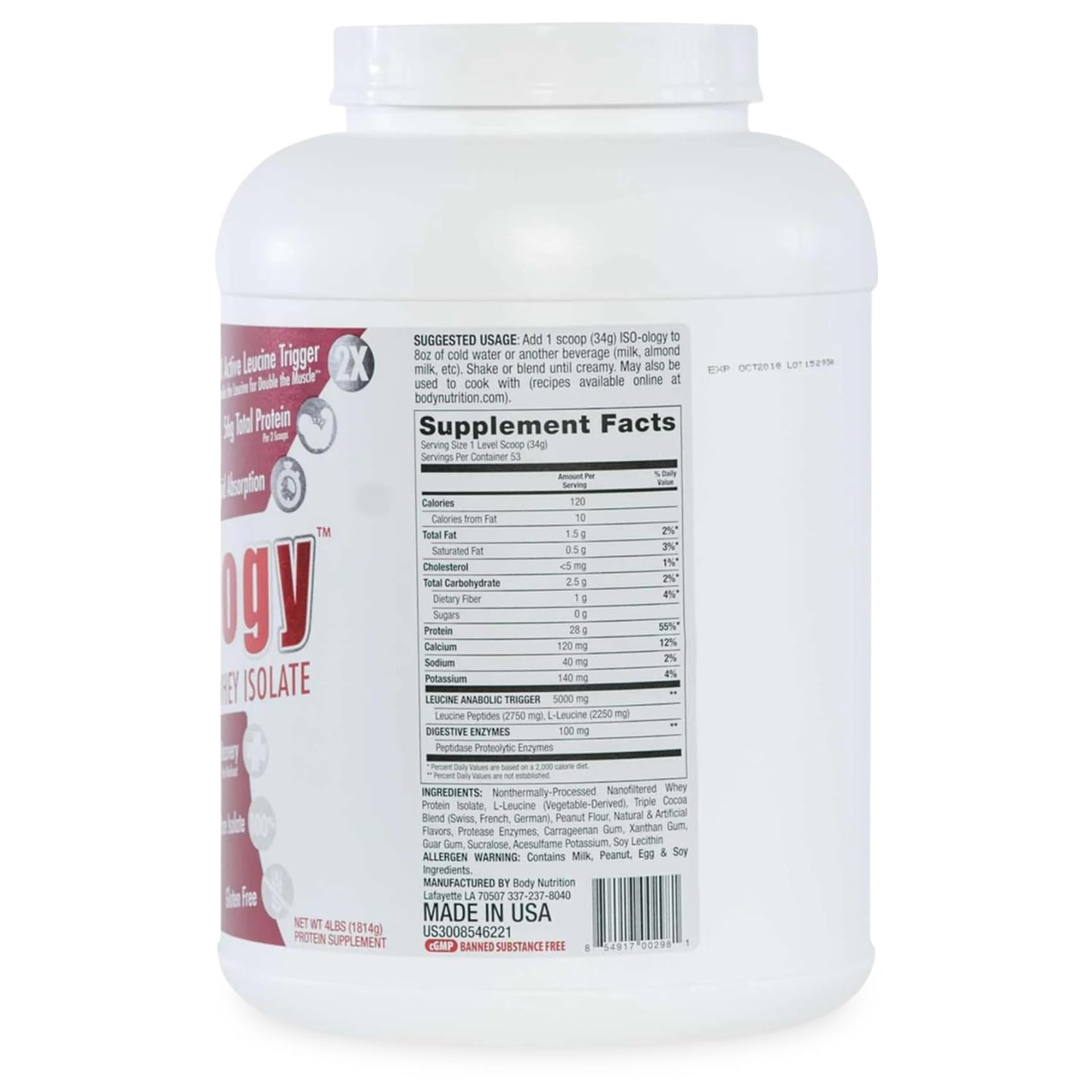 Body Nutrition ISO-Ology Leucine-Enhanced Whey Isolate Protein Powder, Chocolate Peanut Butter Cup Flavor, Grass-Fed, 64 Servings